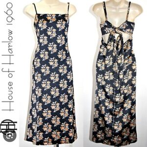 HOUSE OF HARLOW 1960 Open Back Tie-Up Satin Midi Dress Black Floral Print- Small